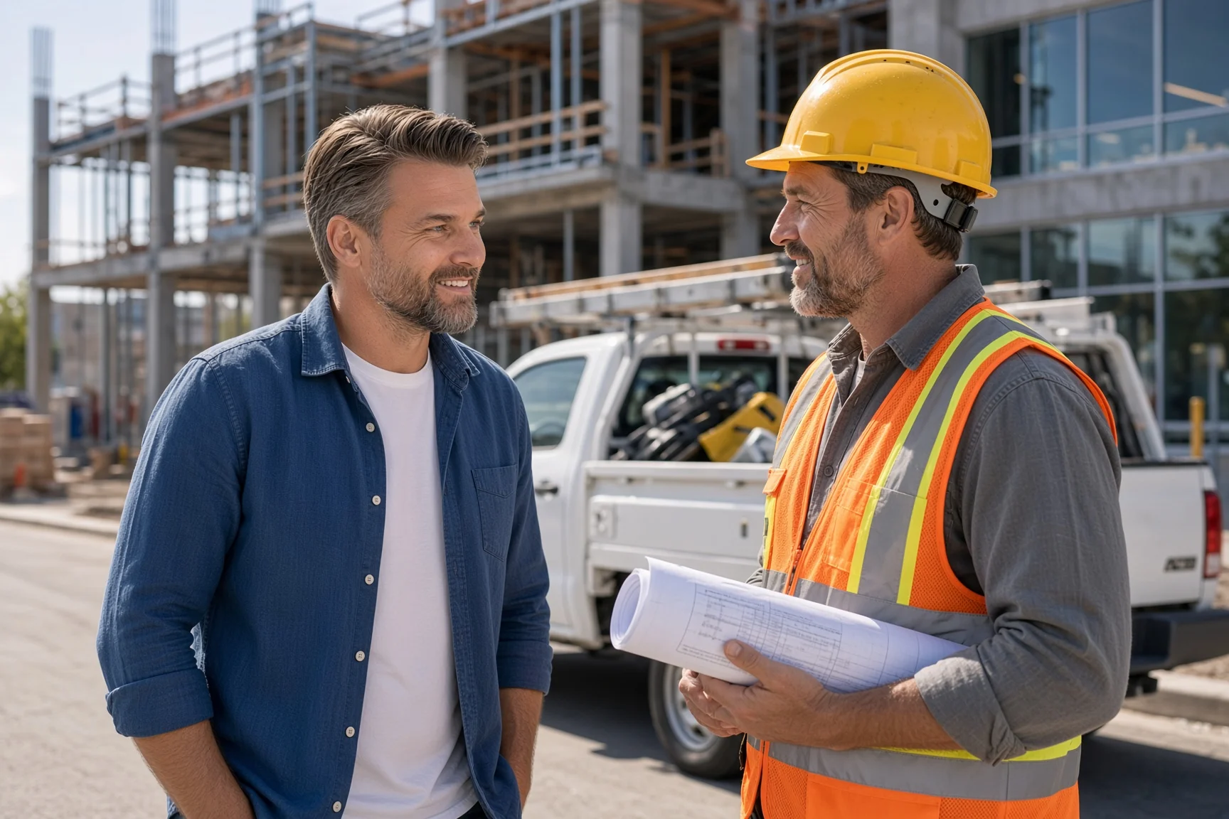 Two people discussing plans at a construction site