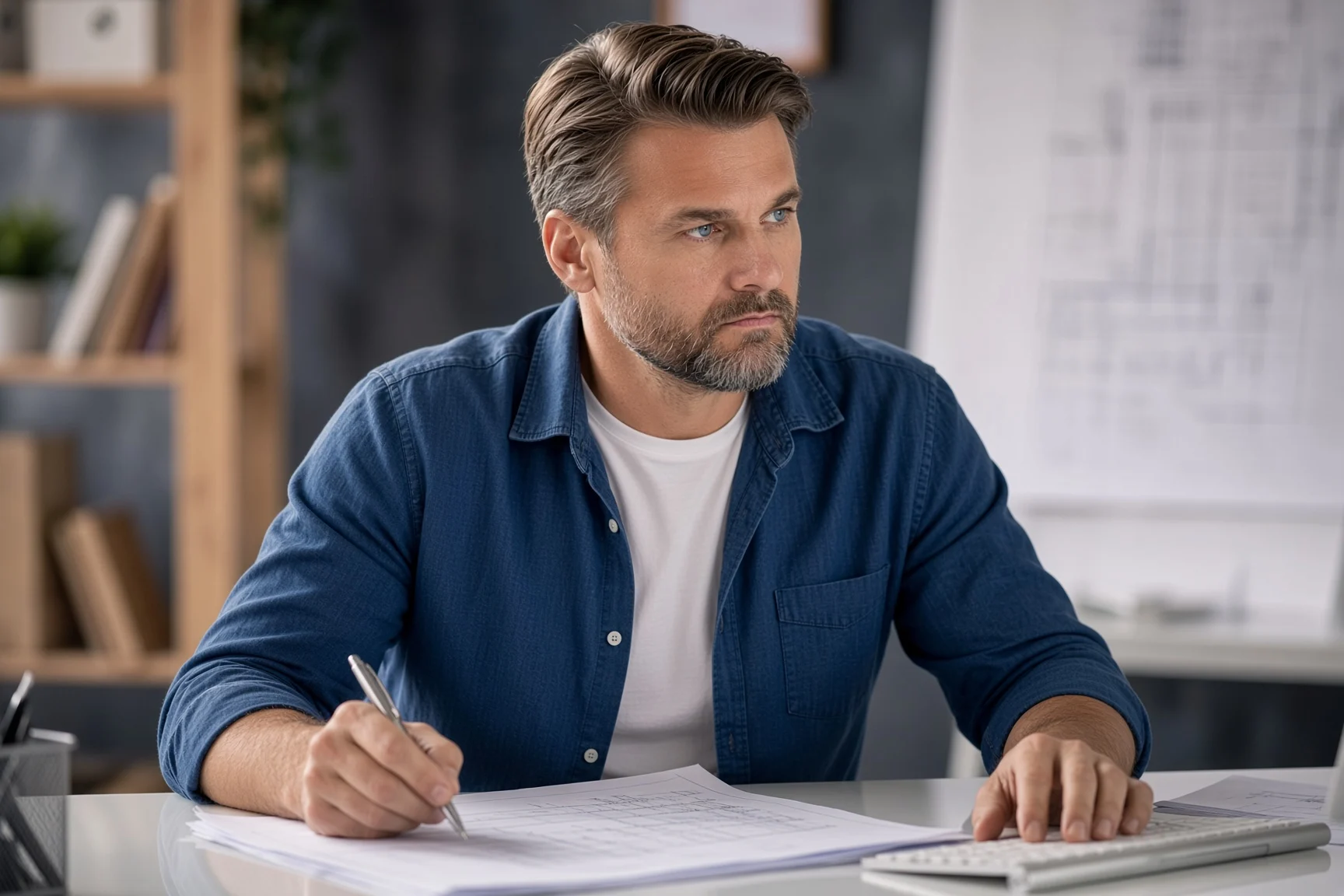 A man reviewing paperwork at a desk