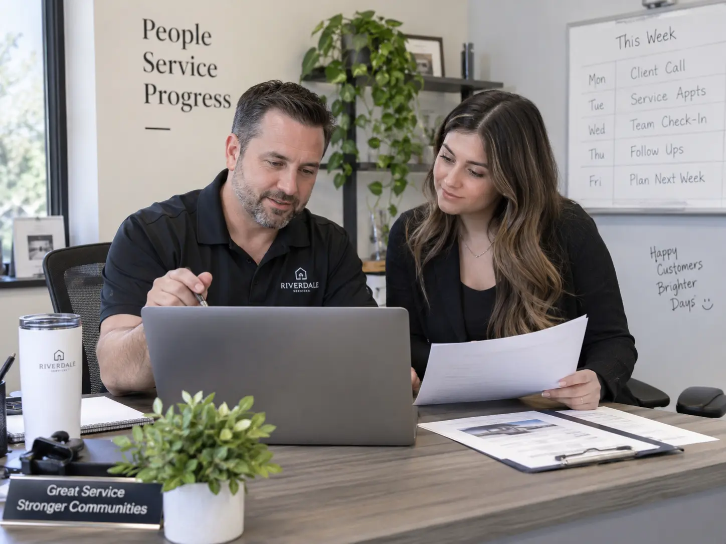 Two colleagues reviewing a laptop and paperwork in a workplace